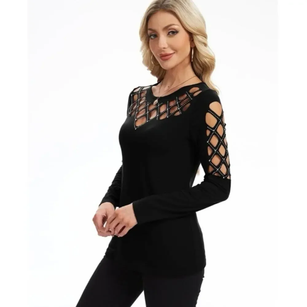 NEW Black Lattice Cutout Long Sleeve Top Edgy Chic Stretchy Crisscross Small - Picture 5 of 13